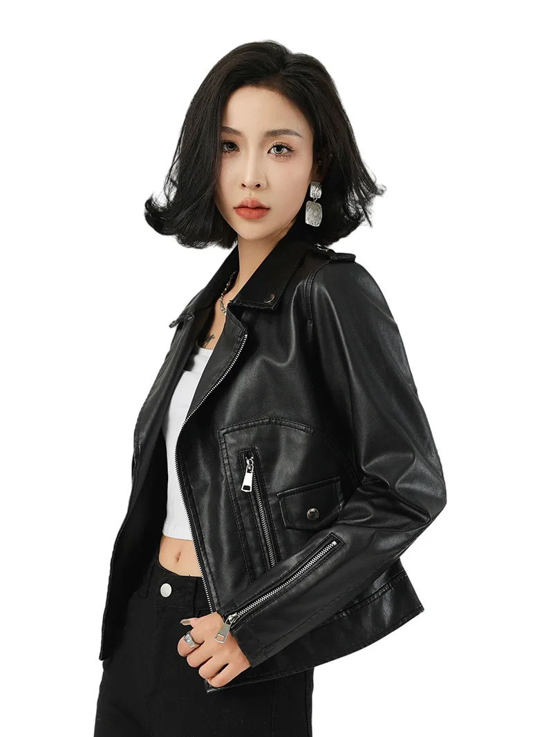 Chaqueta negra de cuero PU para mujer, abrigo ajustado de manga larga con cremallera para motocicleta, prendas de vestir exteriores de piel sintética para primavera y otoño