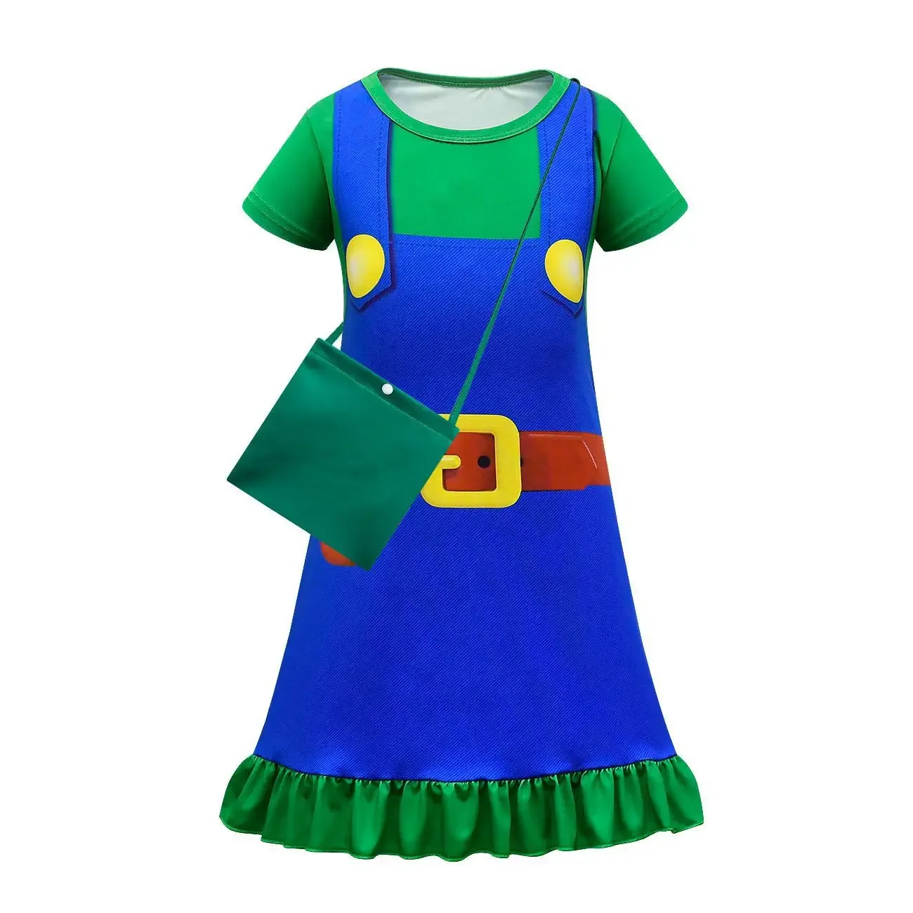 Kids Anime Cartoon Print Blue Red Green Plumber Dress Bag Set Outfit for Girls Christmas Halloween Cosplay Costume