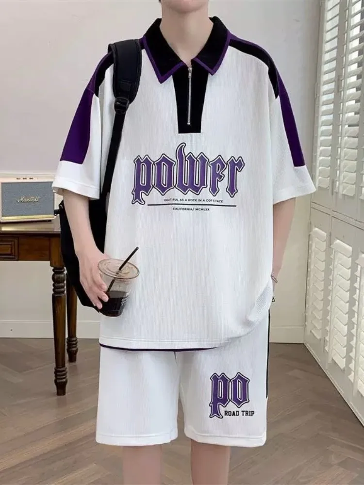 

Summer ort Sve irt Set for Teens Casual Sports Baskeall orm f Zipper Collar T-irt Loose Fit Youth Faion