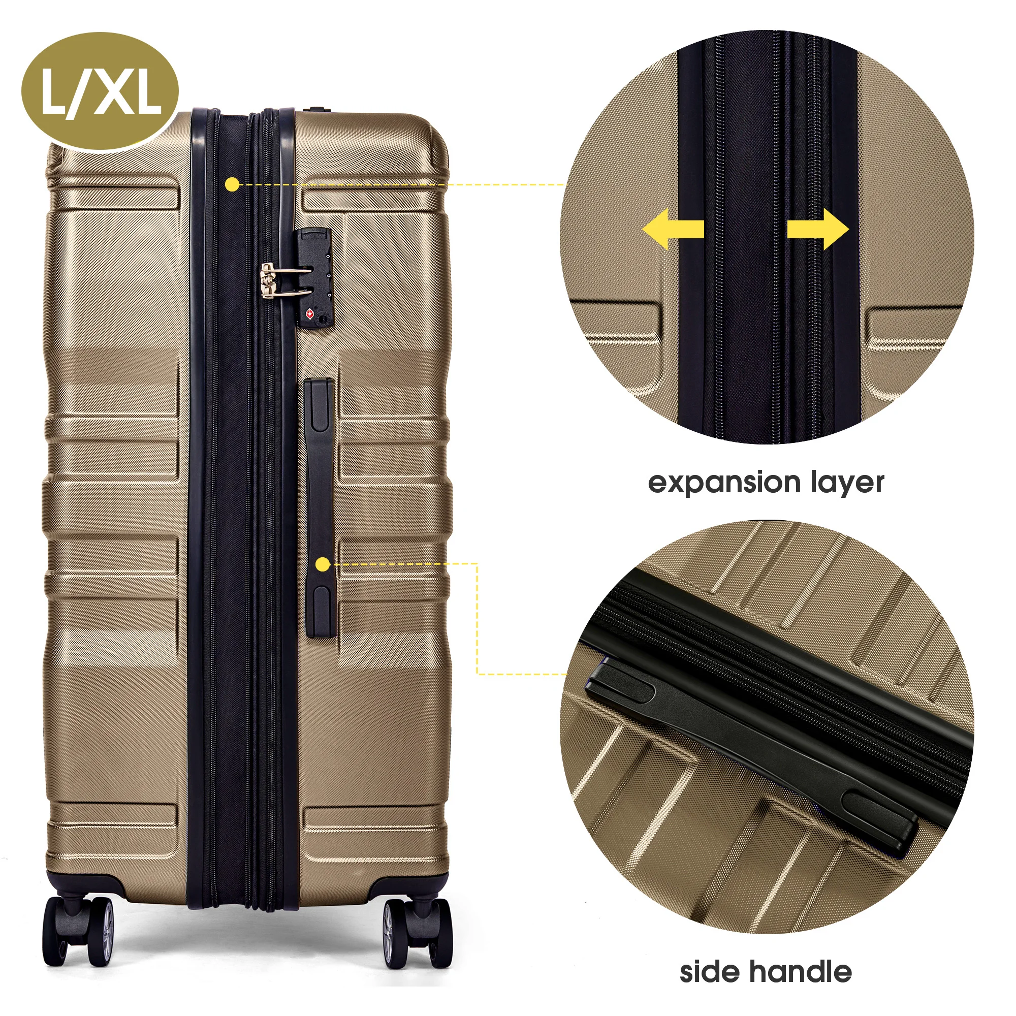 Hard-Shell hand luggage case with TSA lock and universal wheel expandable side handle 3-piece set