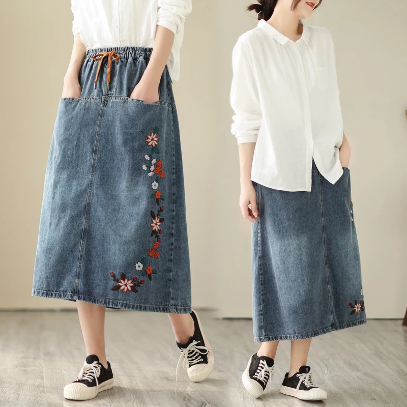 Autumn Elastic High Waist A-Line Drawstring Embroidery Patchwork Literary Vintage Fashion Casual Loose Elegant Split Women Skirt