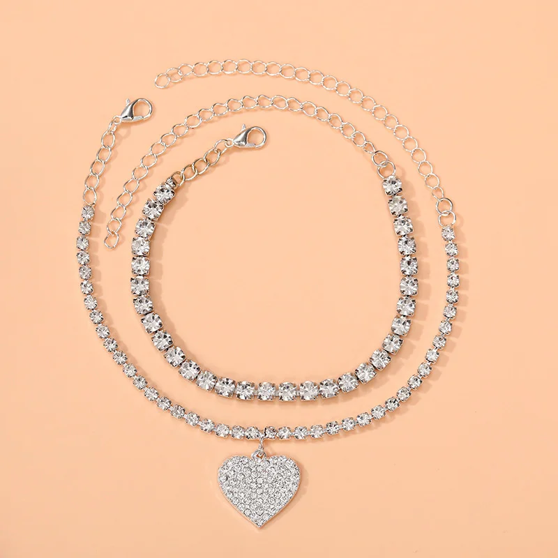 Fashion Rhinestone Heart Anklets for Women Girl Silver Color Crystal Foot Ankle Bracelet Barefoot Sandals Jewelry 2Pcs/Set Gift