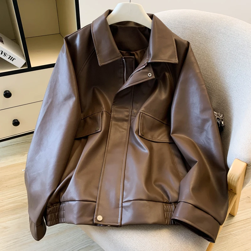 Women's Black Brown Collar Long Sleeve Leather Jacket Y2K American High Street Fashion Retro Top Windbreaker Outerwear 2026 New