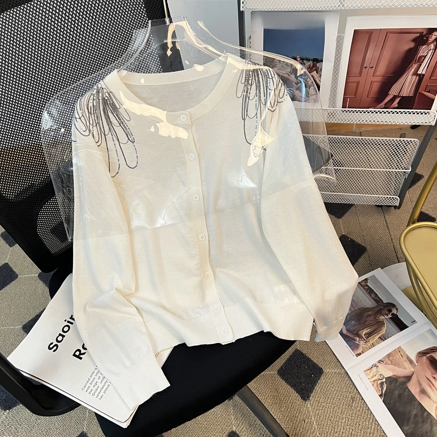 

Вязаный кардиган Ele с длинными рукавами и круглым вырезом, женская тонкая верхняя одежда для лета и осени, повседневный стиль, стандартный крой, шерстяная смесь