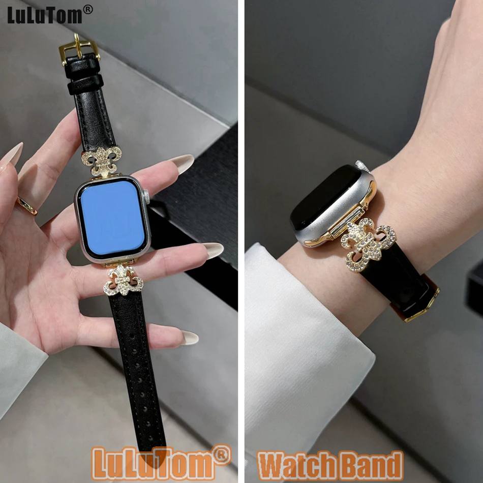 Metal Leather Jewelry Strap For Apple Watch Band 46 38 40 41 44 42 45 49mm Woman Bracelets iWatch Series 10 9 8 7 6 5 SE Ultra 2