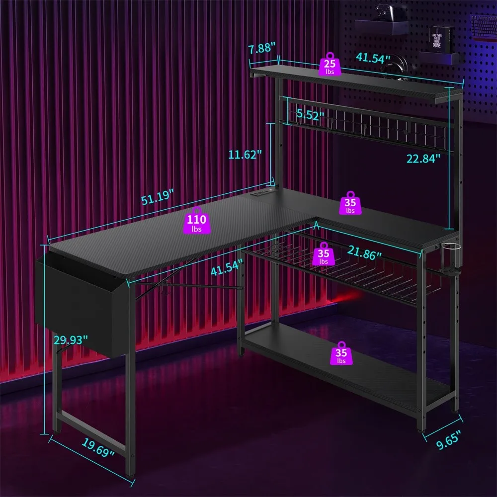 Computer desksL Shaped Gaming Desk 52 Inch Corner Computer Desk with LED Lights Power Outlets RGB Illumination Modern Design
