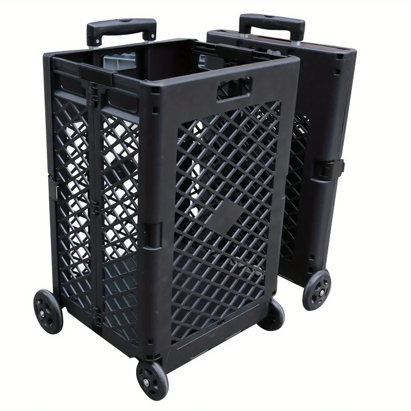 55L Collapsible Storage Cart with 4 Wheels - Portable, Foldable Plastic Trolley for Kitchen & Dining, Black