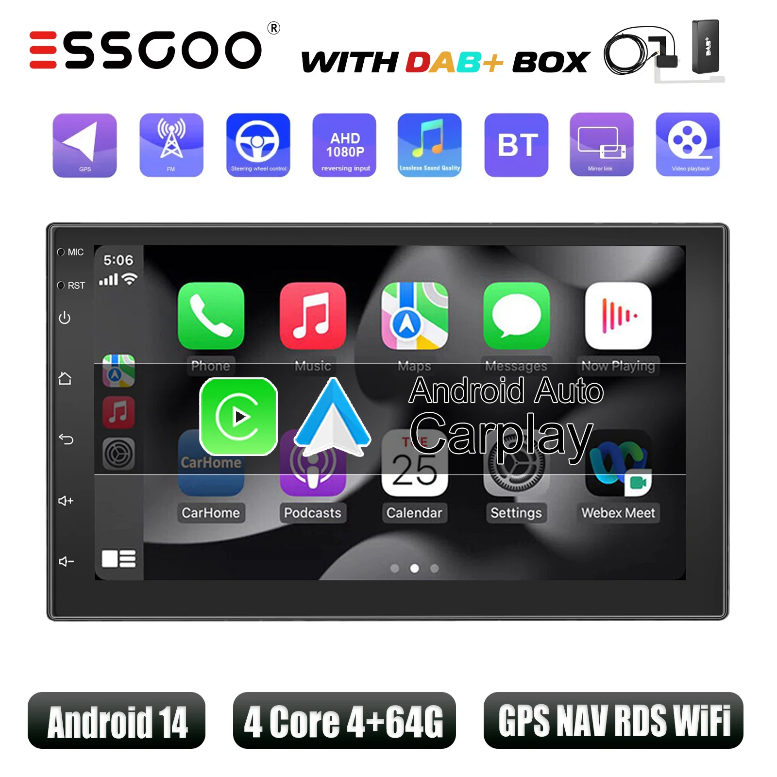 ESSGOO Autoradio Wireless CarPlay Android Auto Dubbel 2 DIN Android 13, 7-inch scherm, HD FM-radio, GPS RDS, WiFi, Bluetooth, touchscreen, hoofdunit 4+64G, DAB+AHD, camera. - afbeelding 1