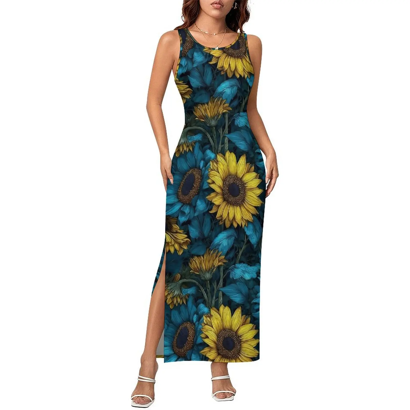 Sunflower Hawaiian Flower Vintage Print Dress Sleeveless Pretty Maxi Dresses Spring Street Wear Pattern Bodycon Dress Big Size