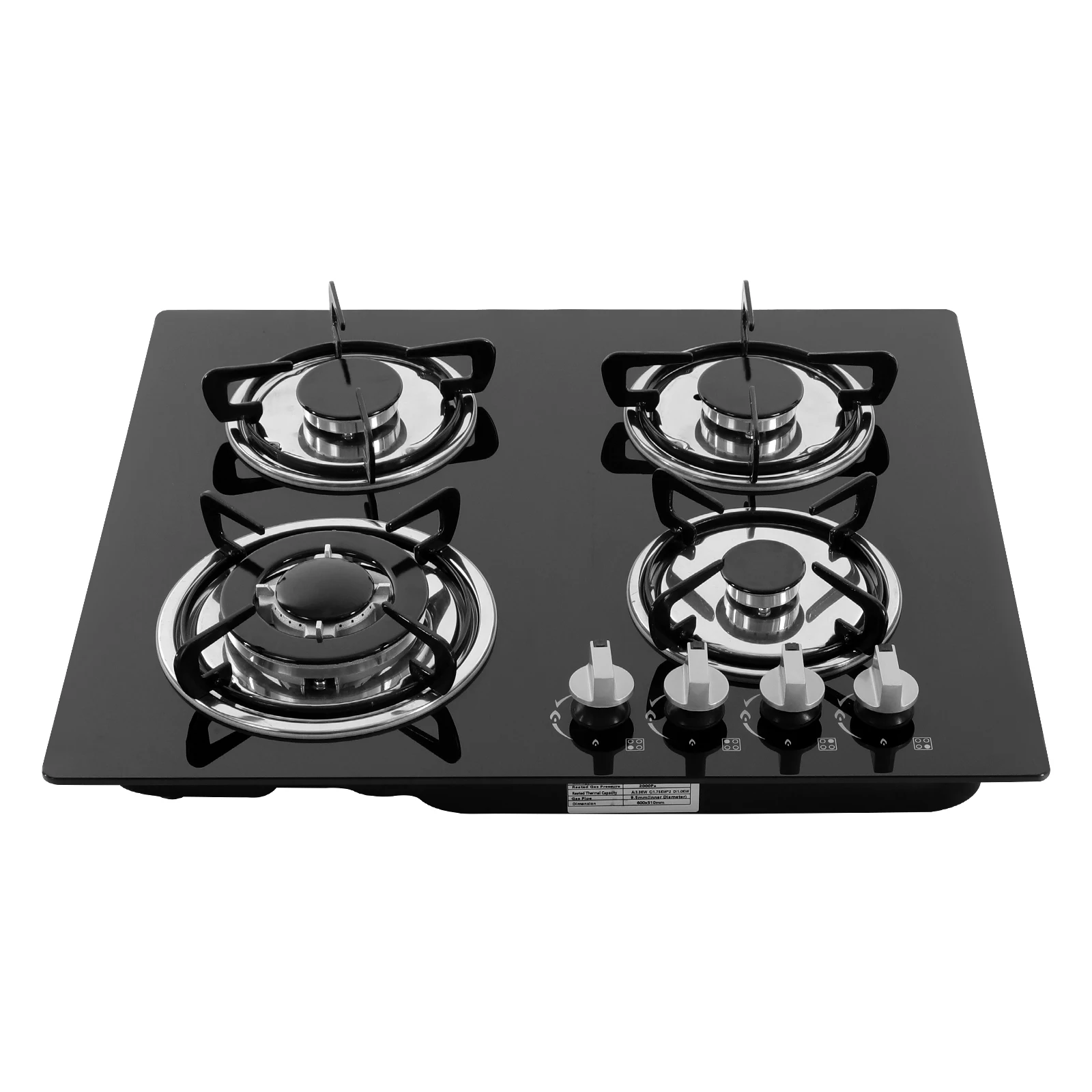

Black 4 Burner Gas Stove QB4Z01TCW Tempered Glass Panel Electronic Ignition Design Support NG And LPG Gas 2000Pa 2800Pa Working Pressure Different Combustion Power Upward Air Intake Built In Countertop Household Gas Cooking Stove