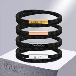 Vnox Free Customize Bar Bracelets for Men Women,Casual Black Color Milan Rope Chain Wristband Gifts Jewelry