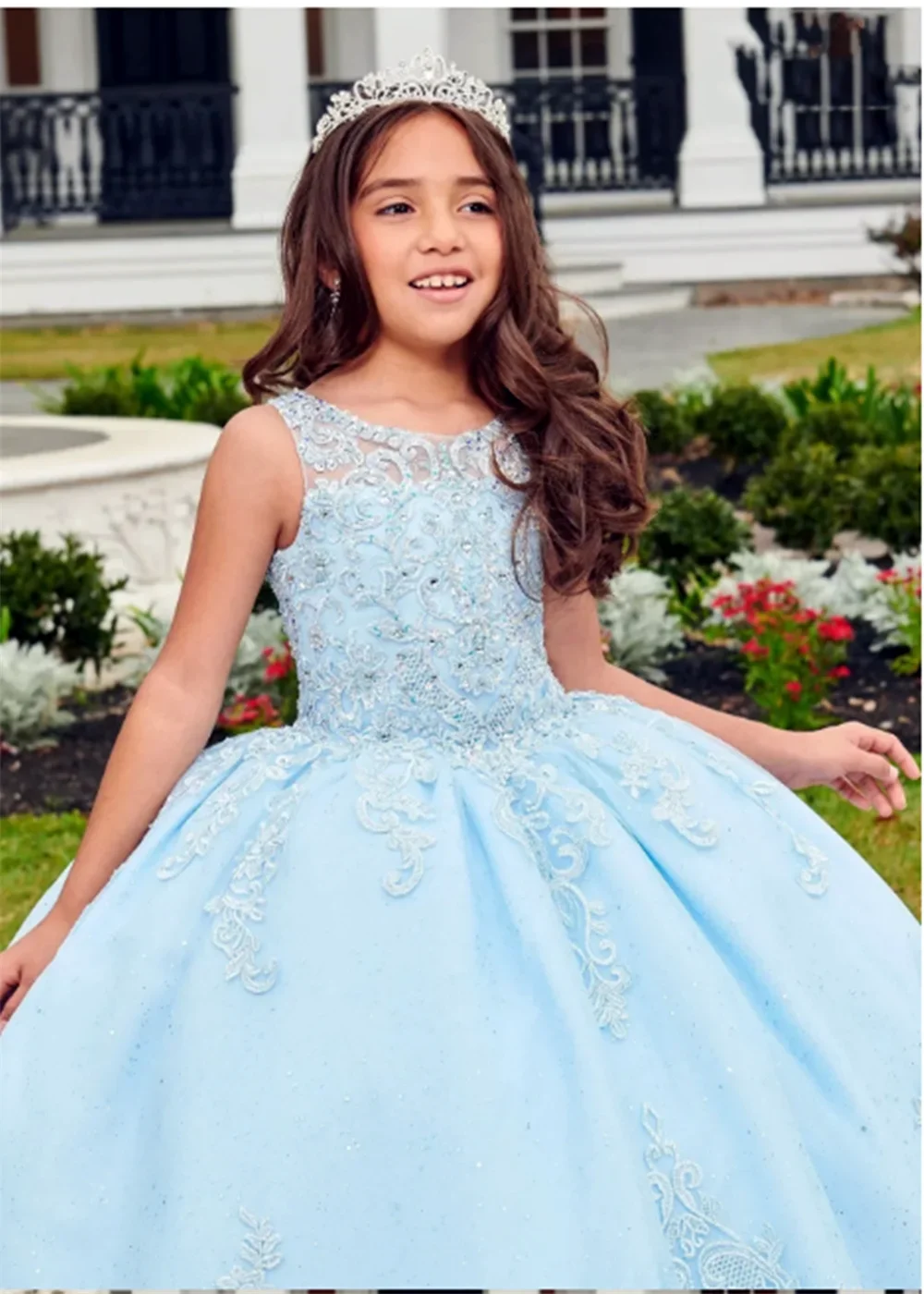 Abito da ragazza di fiore blu di lusso per abiti da prima comunione con stampa in pizzo da sposa in tulle gonfio per bambini, ballo di compleanno, applique