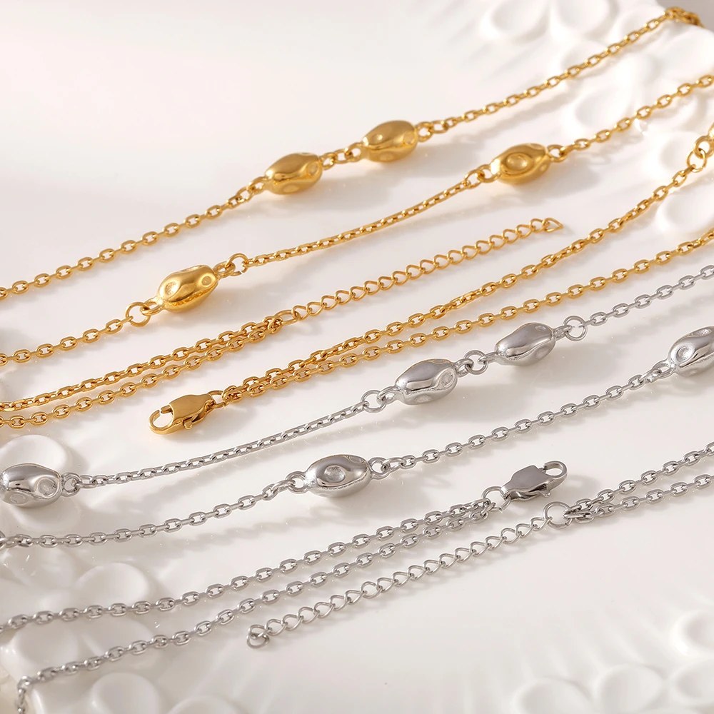 Oval Beaded Long Necklace for Women Stainless Steel Sweater Chain Gold Plated 2 Strings Waterproof Jewelry Gift