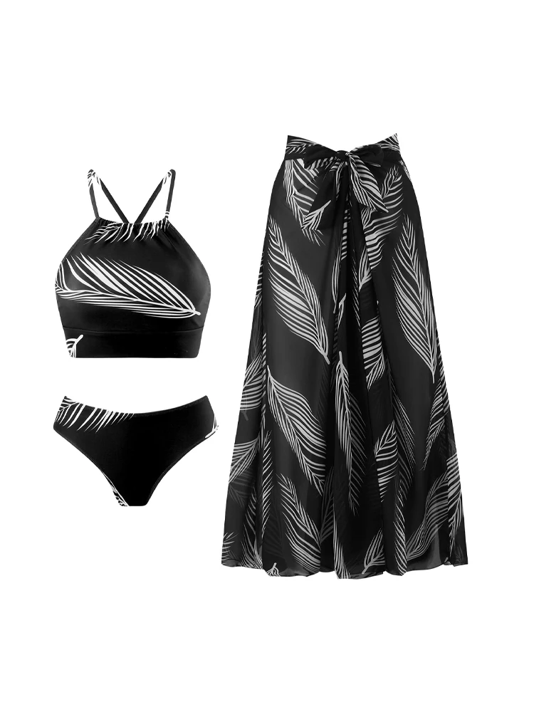 

Black Suspender Women's Bikinis Trend 2024 Leaf Print Three Piece Swimsuit Set Sexy High Waisted Backless Vacation Bathing Suit