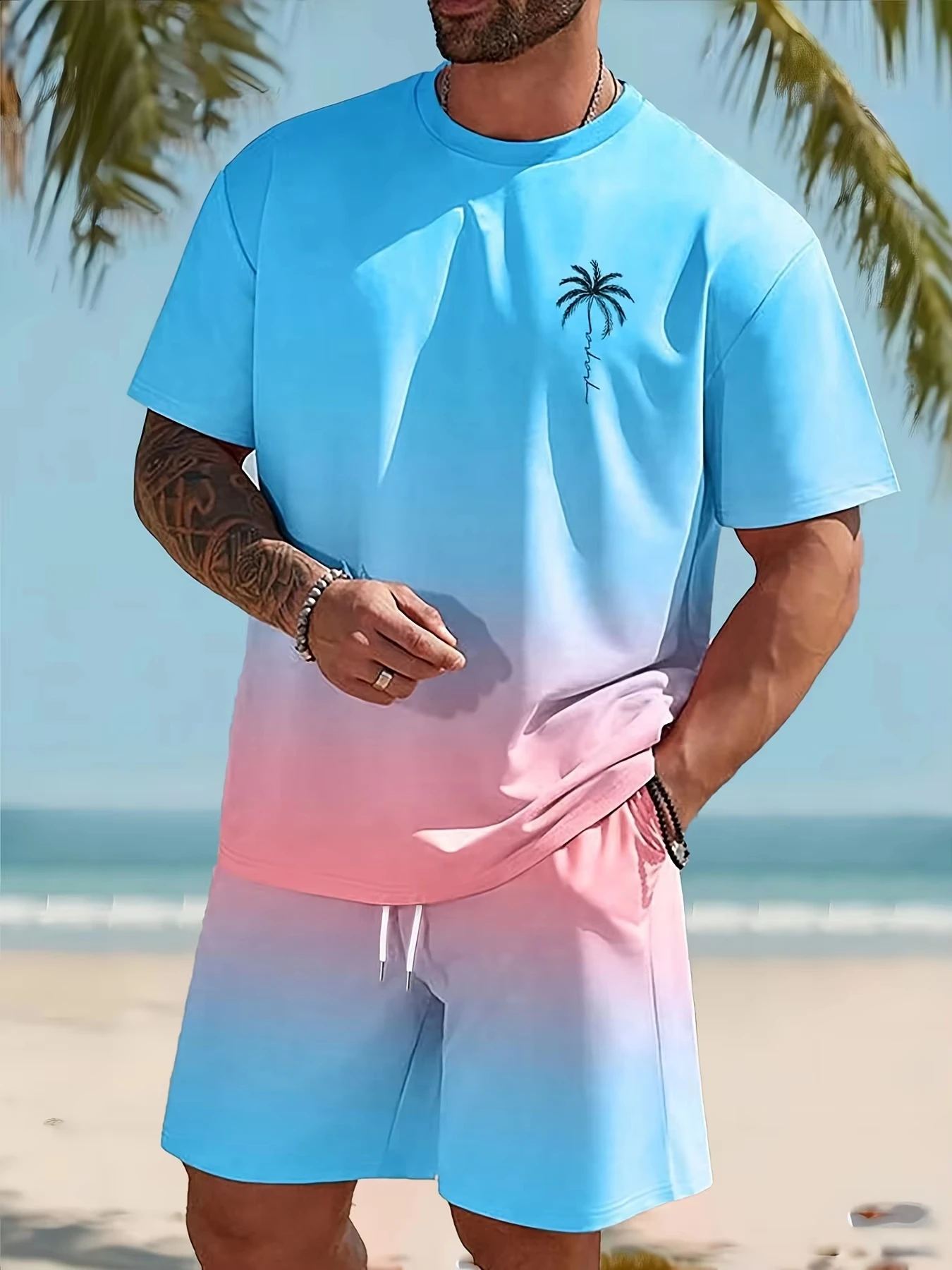 

Summer Men's T-shirt Shorts Two-piece Hawaii Luxury Fashion Casual Men's T-shirt Outdoor Beach 3D Palm Tree Printed Men's Shorts