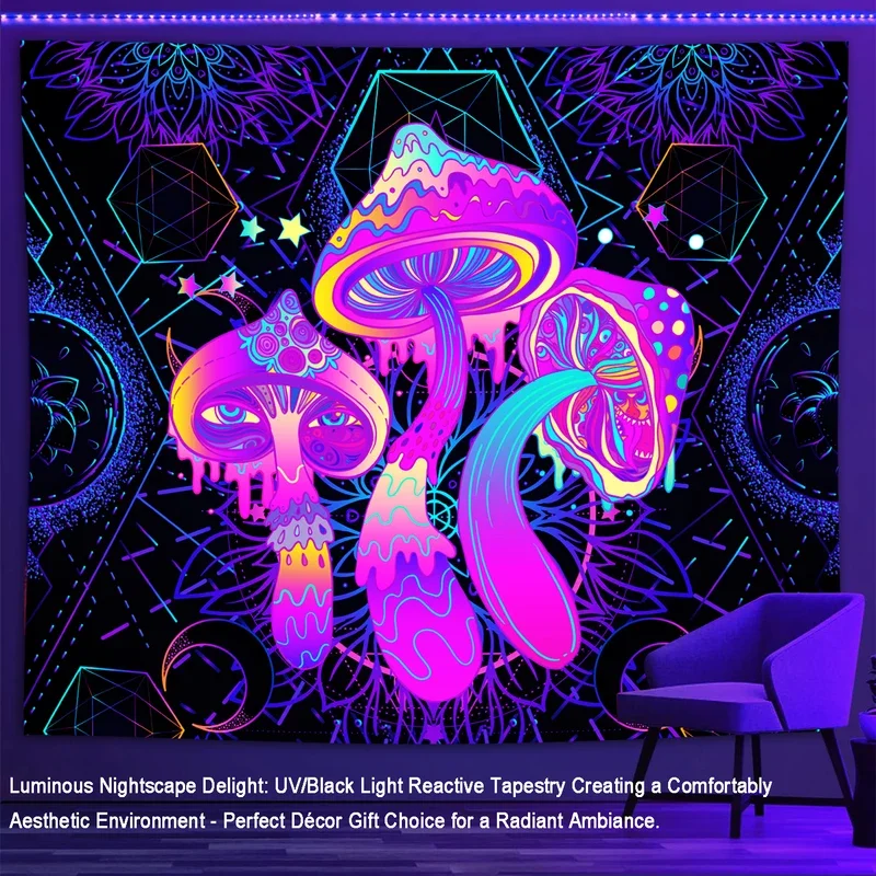 Neon Art Mushroom Blacklight Tapestry-Transform Your Space with Artful Glow Under Ultraviolet Light.Perfect Wall Hanging Déco #