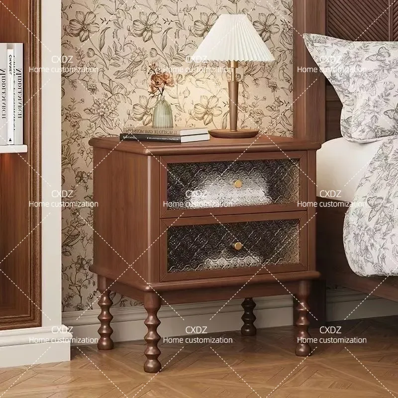Retro Solid Wood Bedside Table Double Layer Bedroom Nightstand Movable Storage Cabinet Home Furniture