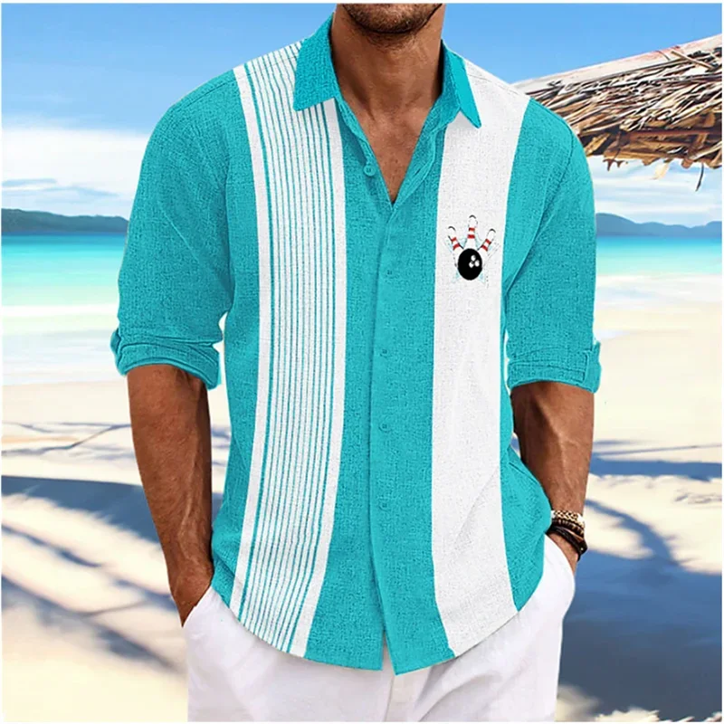 

Fashionable 2023 Summer Hawaiian Shirts Bowling Retro Stripe Pattern Long Sleeve Men Lapel Shirts Vacation Men's Dress Shirts