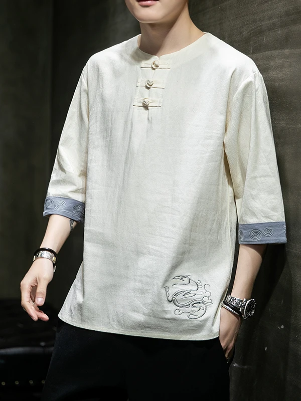 

Loose Cotton Linen Men's ort Sve irt f Sve Summer Vintage Cotton Linen Thin Top Youth ular Stand Fit round...