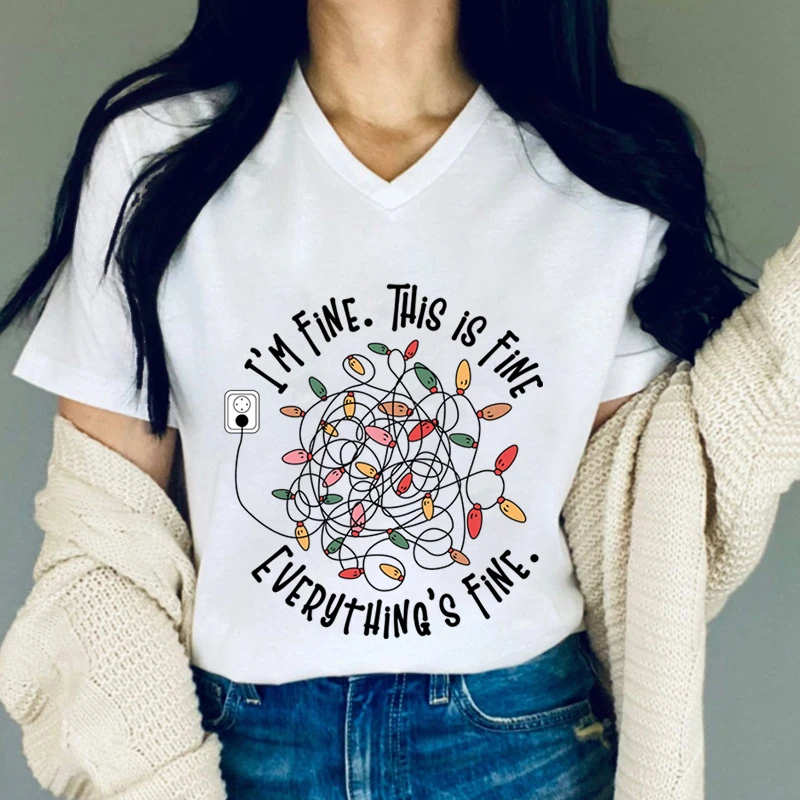 Women Christmas V Neck T-shirt I'm Fine This Is Fine Everything's Fine Print T Shirt Funny Vintage Xmas Party Gift Casual Tshirt