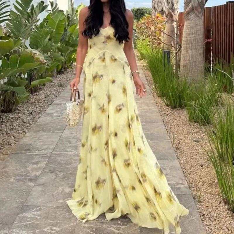 Floral Print Suspenders Long Dress Women 2025 New Summer Elegant V-Neck Floor-Length Maxi Dresses Chic Boho Casual Party Dress