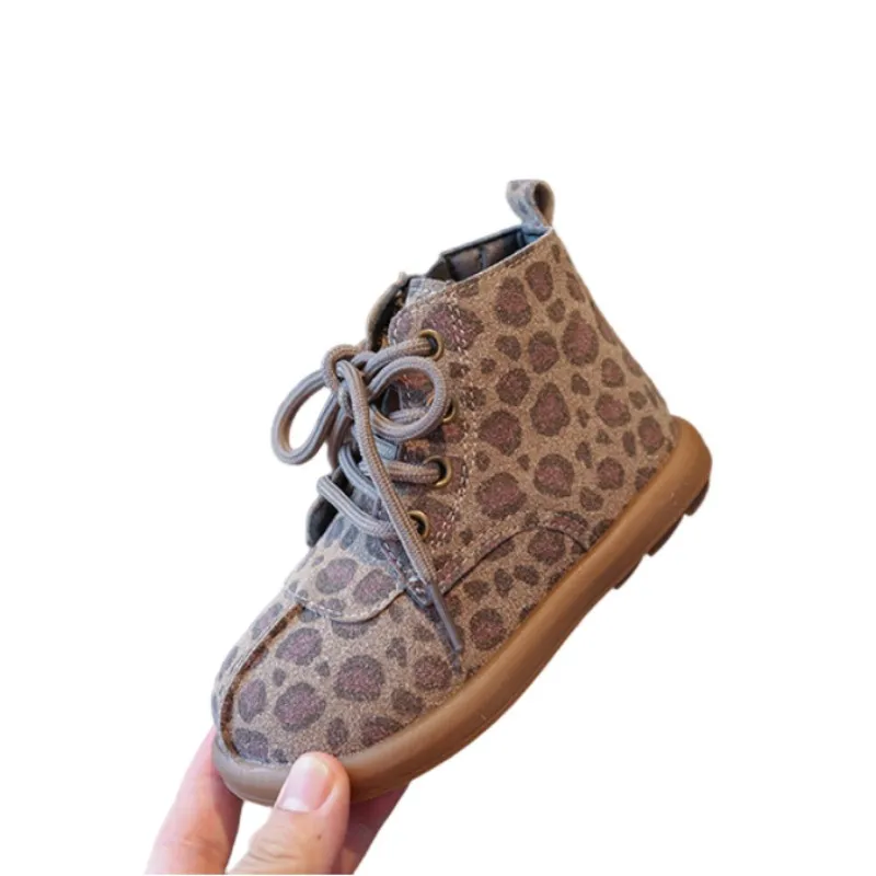 Girls' Polka Dot Leopard Print Leather Short Boots Winter 2026 Kids Velvet Horse Boots British Style Baby Fashion Casual Boots