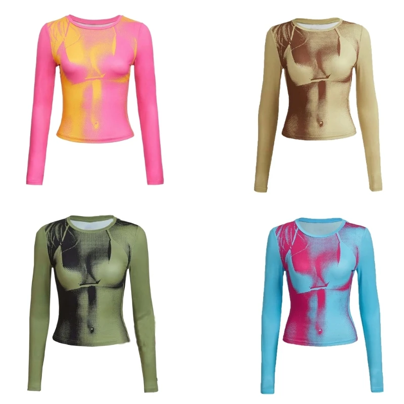 

Y2K Aesthetic Body Print T-Shirt Women Hipsters Streetwear Round Neck Long Sleeve Tops 066C