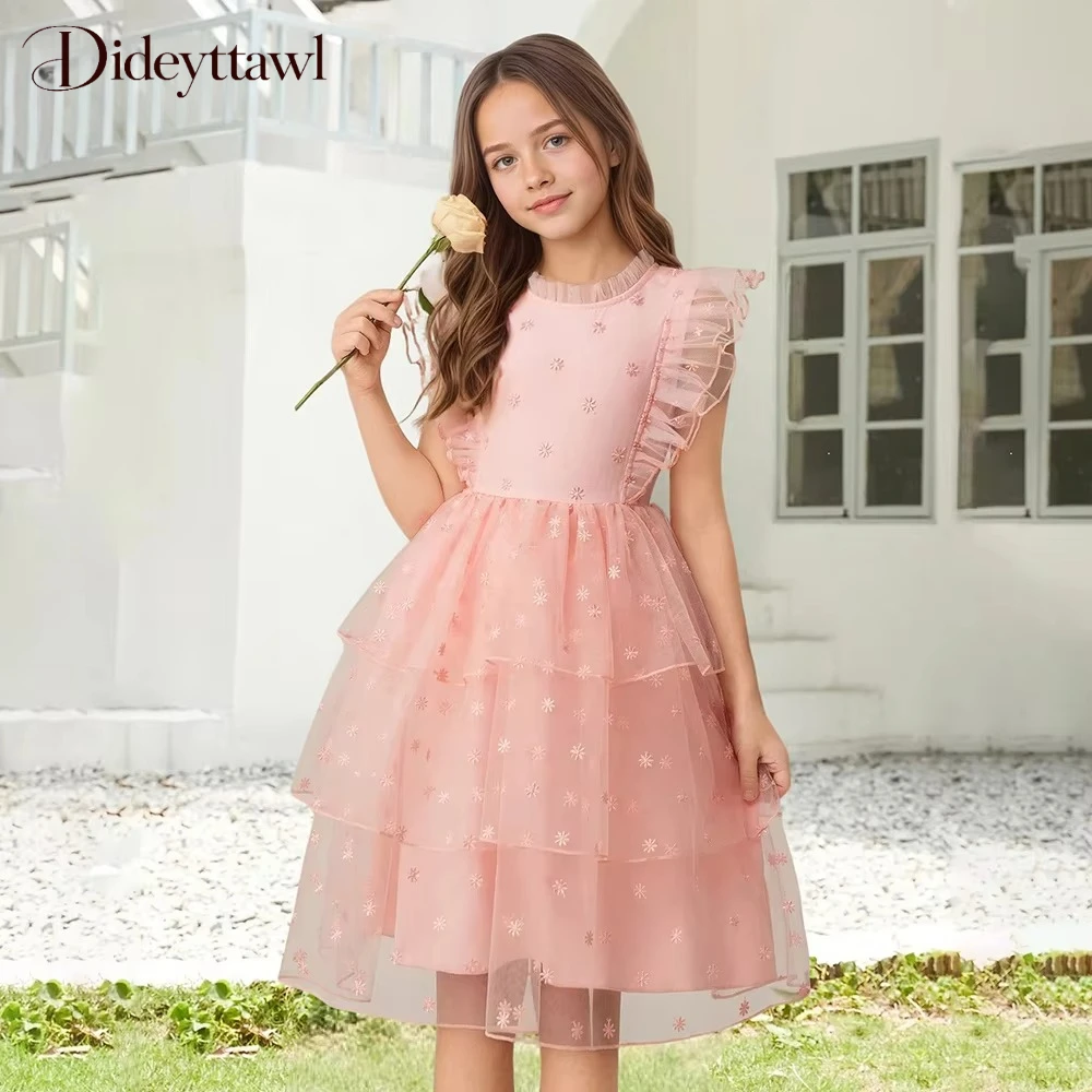 Dideyttawl Customized Pink Tulle Girls Dress Layered Skirt Star Embroidery Ruffle Sleeve Neckline Elegant Party Simple Dresses