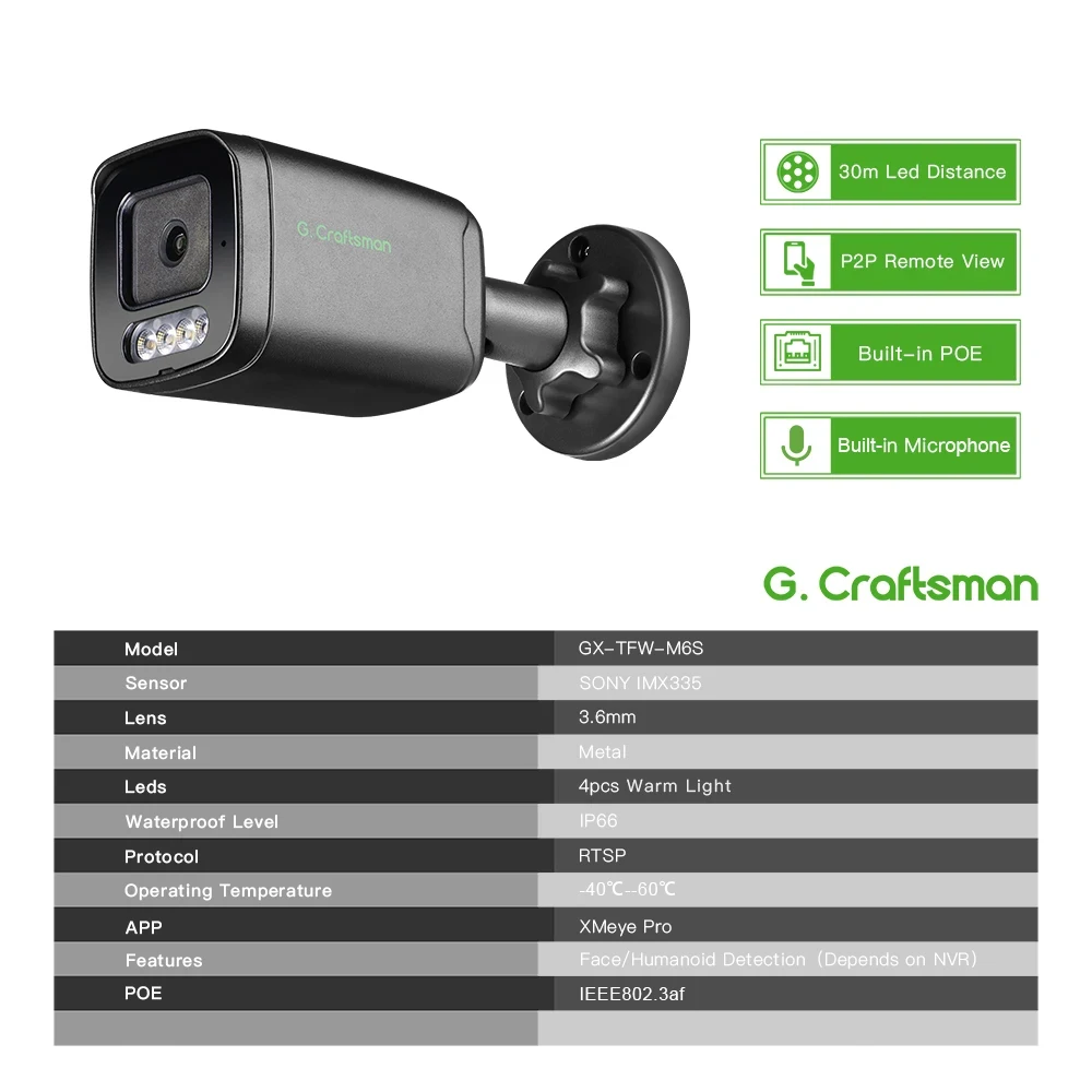 C GC 6MP/POE 3,6 mm Objektiv/Vollfarbe/menschliche Erkennung/Überwachungssicherheit/XMEYE/G.Craftsman