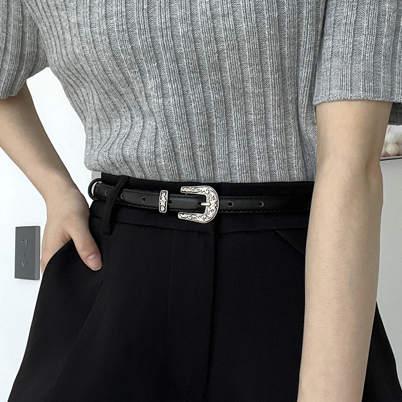 

Skinny Women Belts Adjustable Genuine Leather Thin Waist Belt for Dresses with Vintage Buckle