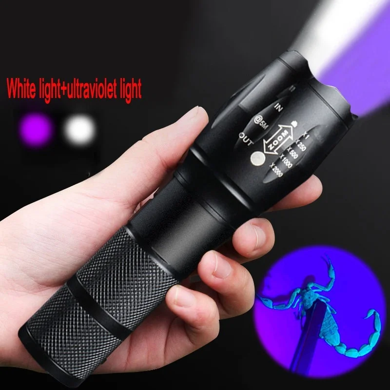 Zoom Fluorescent Black Light Ultraviolet Flashlight Ultraviolet White Light Dual Light LED Flashlight Lamp Detection Flashlight