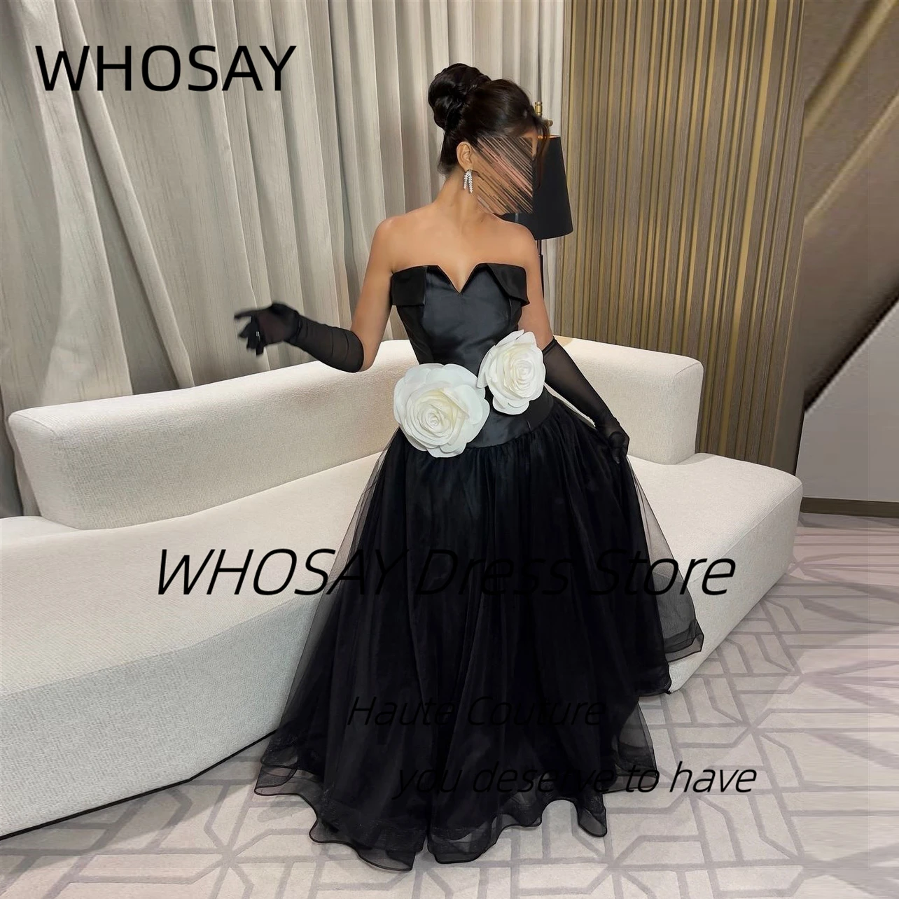 

WHOSAY Holiday Party Floor Length Tulle Long Prom Dresses Lapel Sweetheart Zipper Back Vestidos Des Fiesta Flowers Evening Gowns