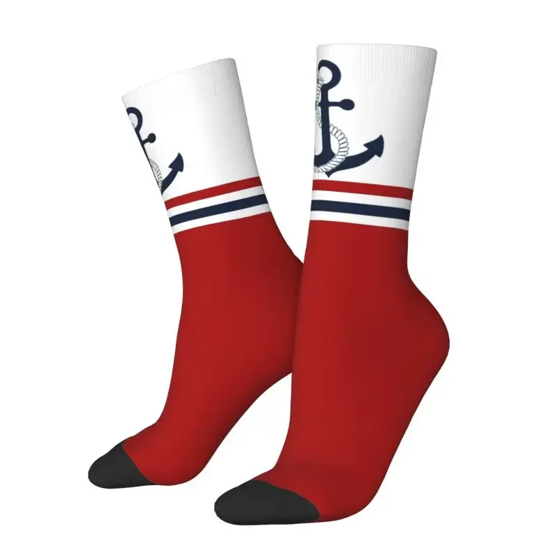 

Nautical Blue Anchors With Stripes Men Women Crew Socks Unisex Funny Sailing Sailor Spring Summer Autumn Winter Dress Socks