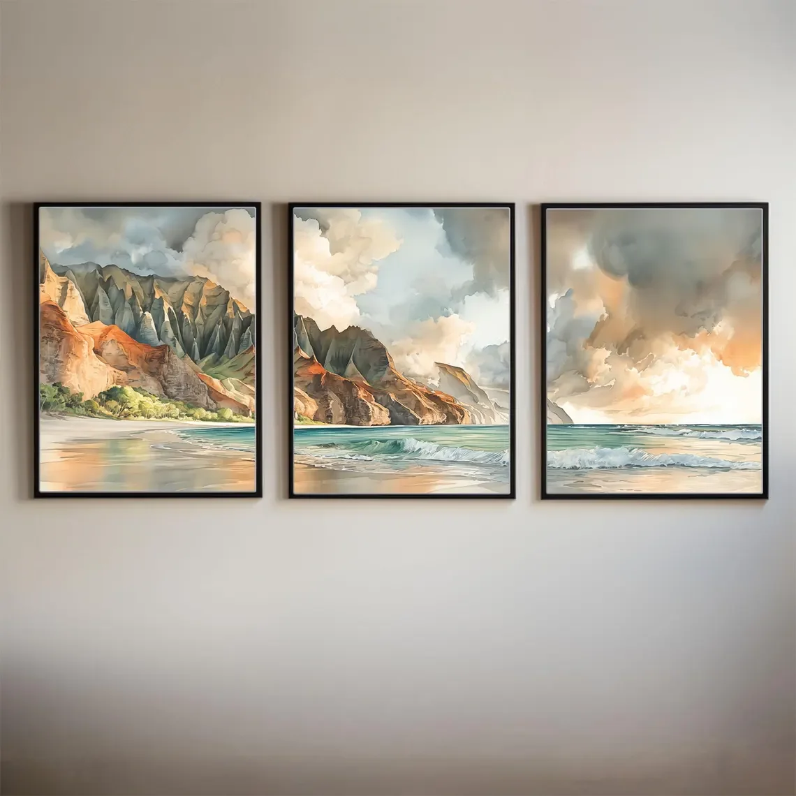 Na Pali Coast Watercolor Triptych Wall Art, Kauai Hawaii Coastal Landscape Print Set, Tropical Beach Painting, Ocean Cliff Seasc