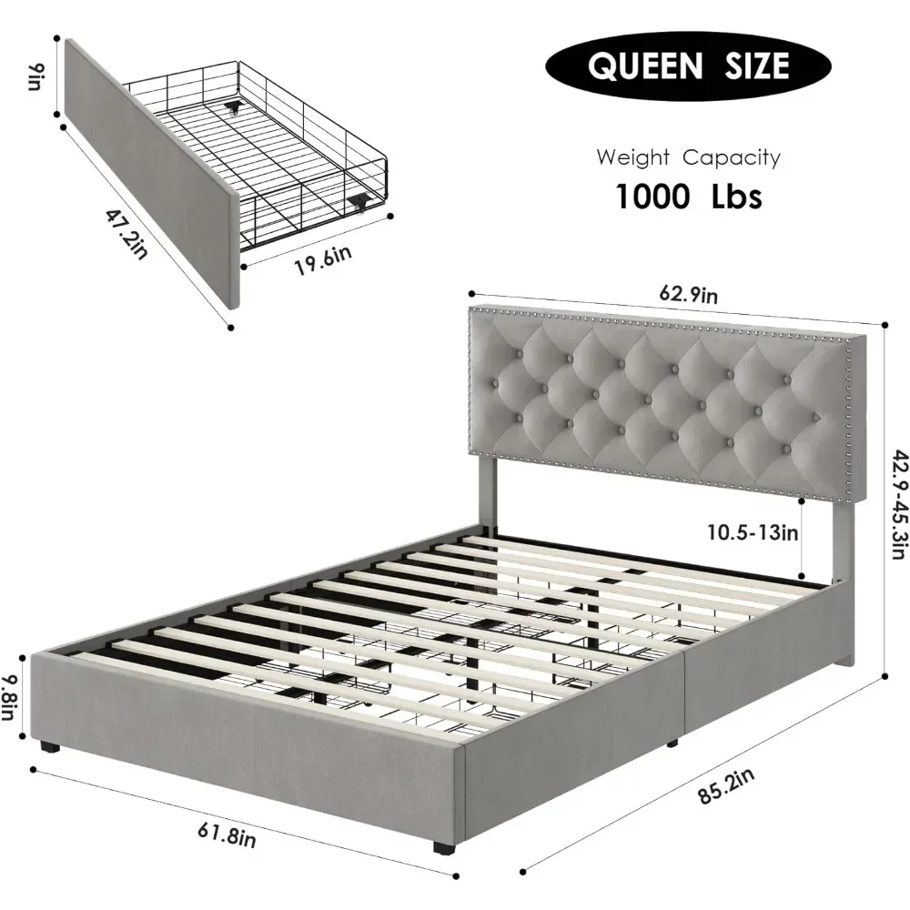 Queen Size Bed Frame with 4 Storage Drawers,  Adjustable Headboard, Button Tufted Bed Frame, Modern Upholstered Platform Bed