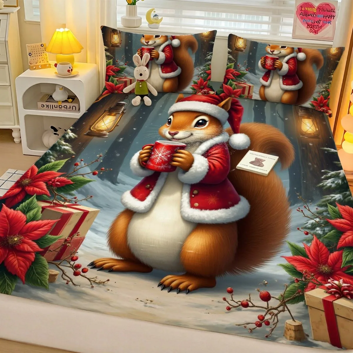 3-Piece Christmas Squirrel Print Bed Sheet Set, 1 Fitted Sheet and 2 Pillowcases, Mattress Protector, Available in Various Sizes, Perfect for Families and Couples as Holiday Gifts, Christmas Decorations, Mattress Cover, Comfortable Snow Forest Design