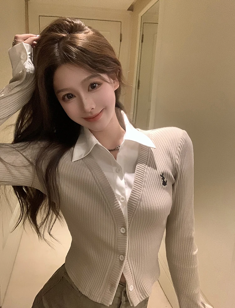 

College Sle ort Knitted Cardigan Women's Autumn Design Sense Splicing Slimming Base irt Korean Version Collar Butt...