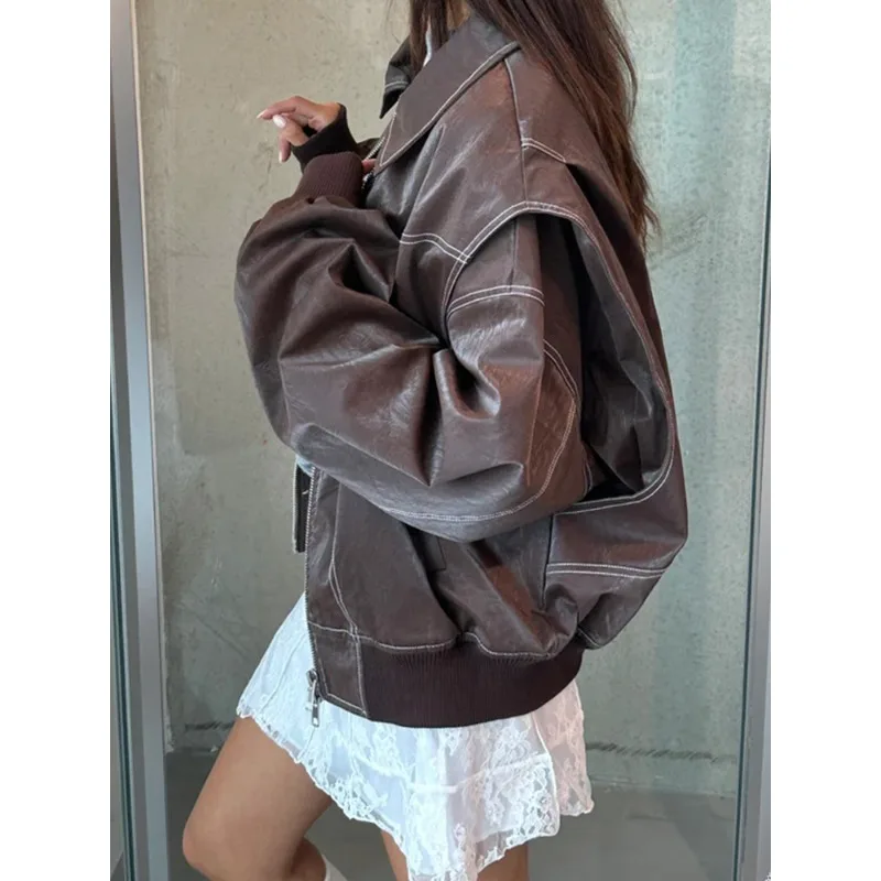 Individualidade lapela zíper jaqueta de manga comprida europeu americano cross-border nova moda feminilidade commuter rua casaco solto