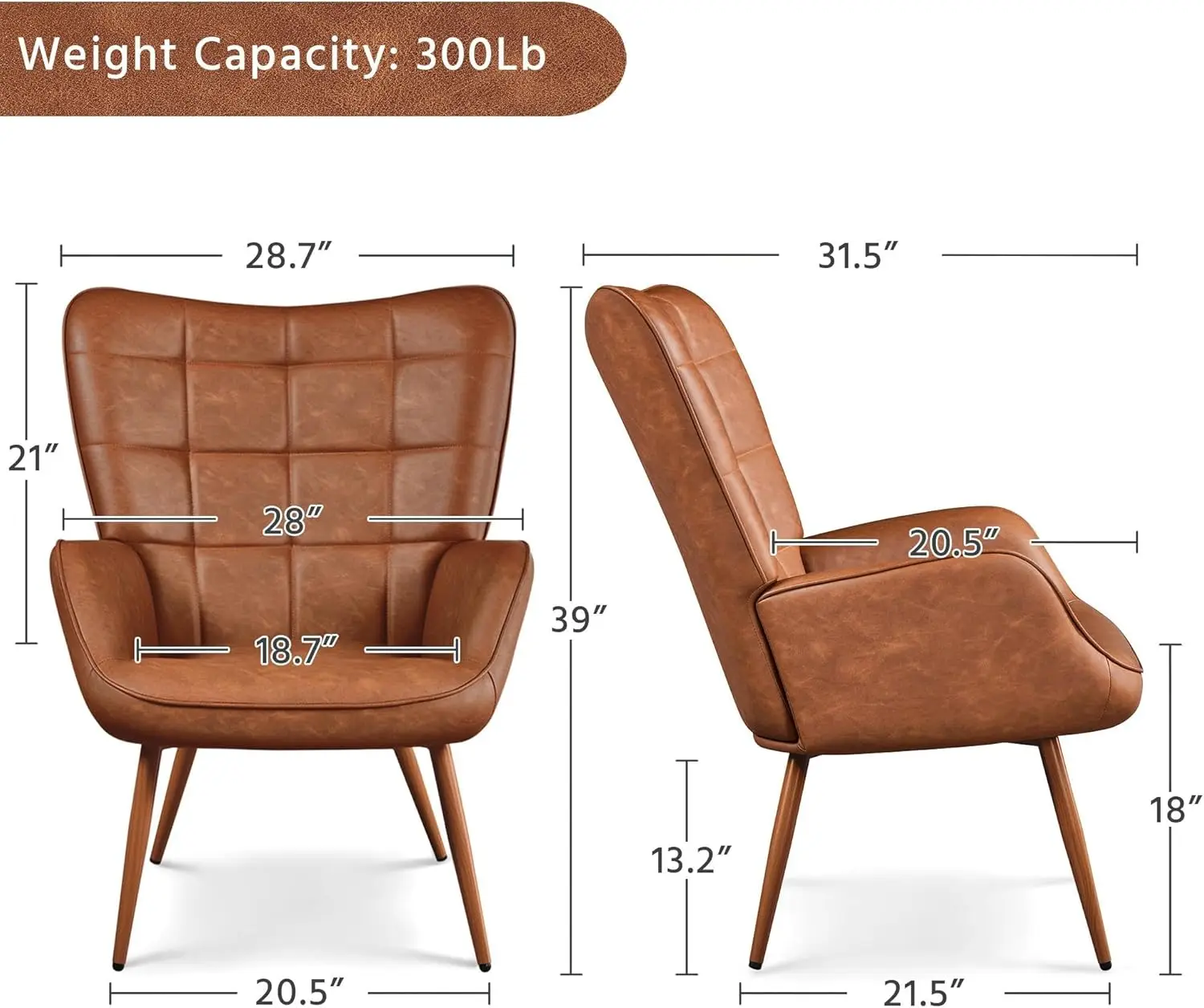 Camel PU Leather High-Back Accent Chair with Metal Legs for Living Room, Bedroom, Home Office, Pottery Barn Style