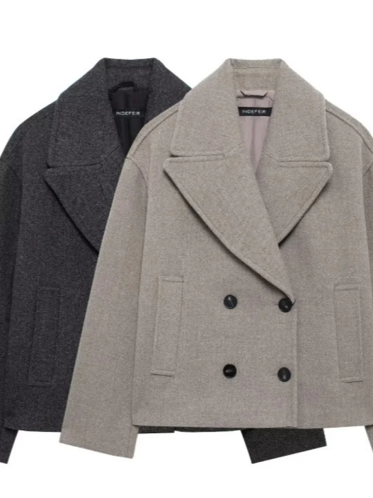 Women's Fashion Short Double-breasted Wool Blend Coat Retro Style Long Sleeve Zipper Closure Pure Color with Hat Spring Season