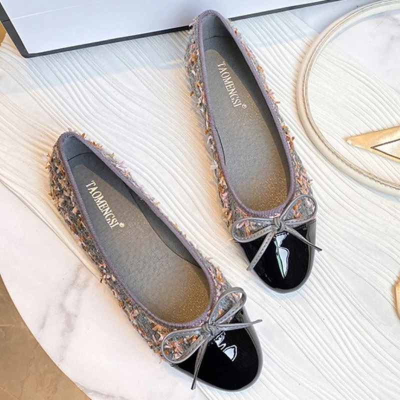 Fashion Tweed Splicing Ballet Flats for Women Sweet Bowknot Detail Round-Toe Dress Shoes 2027 Winter Comfortable Designer Shoes