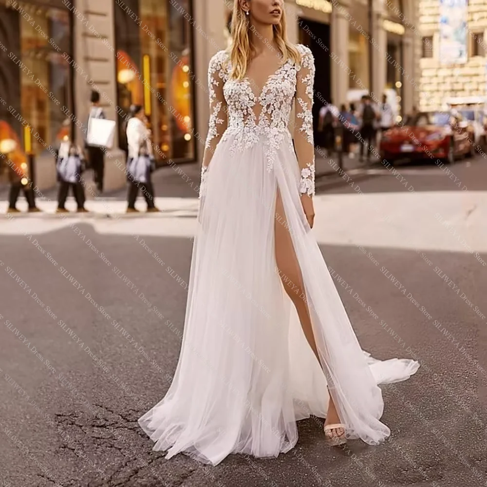 

New Fashion Lace Appliques Wedding Dresses Elegant Long Sleeves Sweep Train Floor-Length Gown Wedding Bride Customized Dress