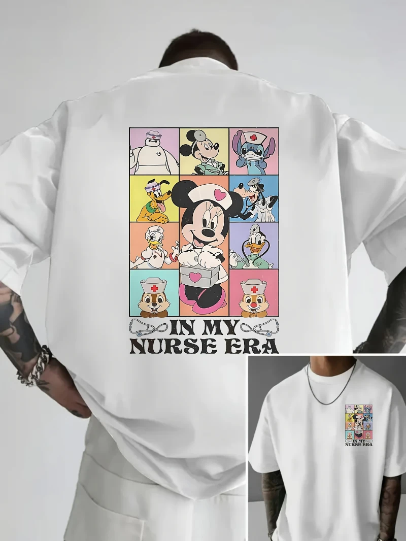 

Minnie Pattern T-shirt - Formal Inspiration Disney Nurse Mickey, Minnie, Donald Duck Flying High Leisure Round Neck T-shirt