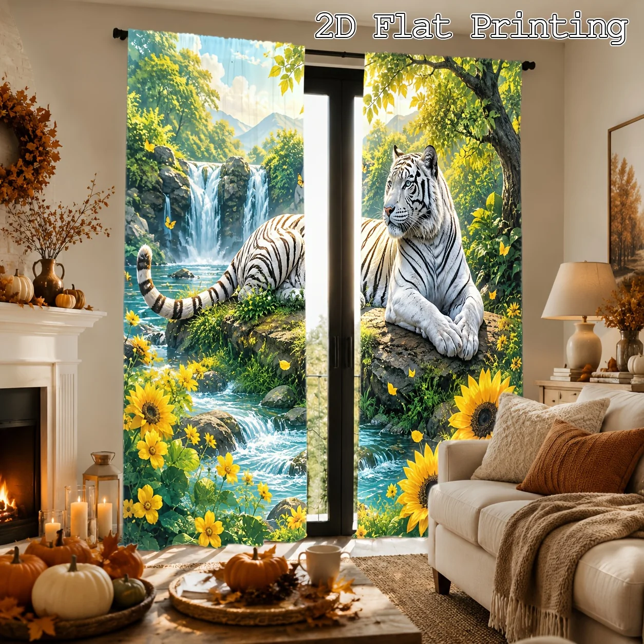 2PCS Digital Print Curtains, White Tiger by Waterfall Forest Stream Sunflower Pattern, Realistic Wildlife Style for Living Room