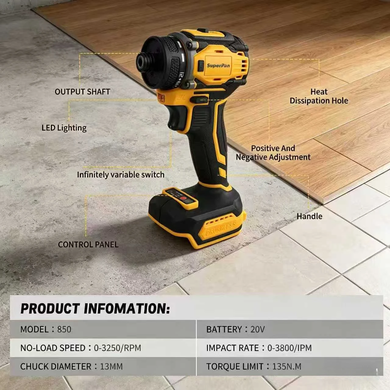 

High Power 20V Impact Driver, 135Nm Max Torque, 3900IPM, for Heavy Duty Tasks, Bare，For Dewalt