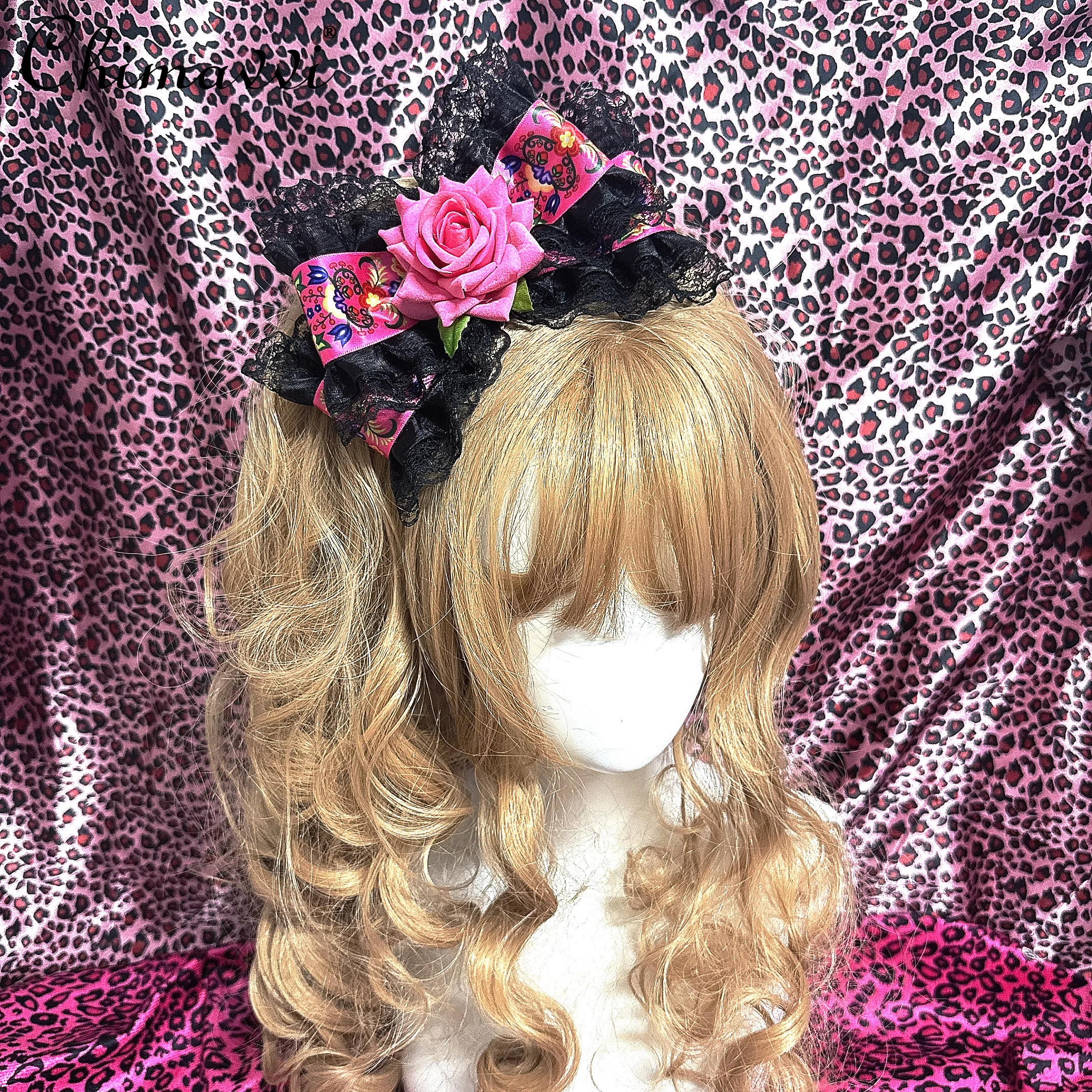 

Original Ancient Gal Style Hot Girl Leopard Print Lacebows Hairpin Ji Style Pink Headwear Sweet Girls 2k Hair Accessories