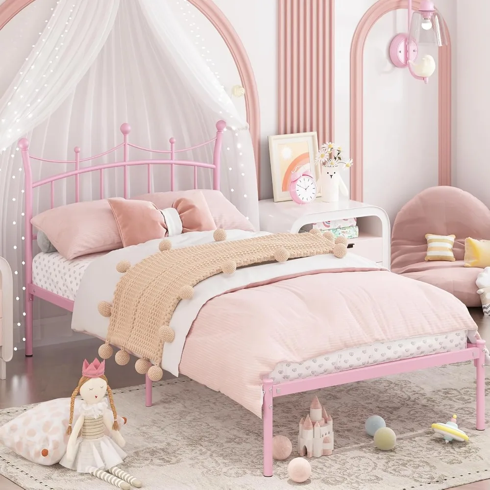 

Twin Bed Frames with Headboard, Princess for Girls Heavy Duty Metal Platform Under Storage Space No Box Spring