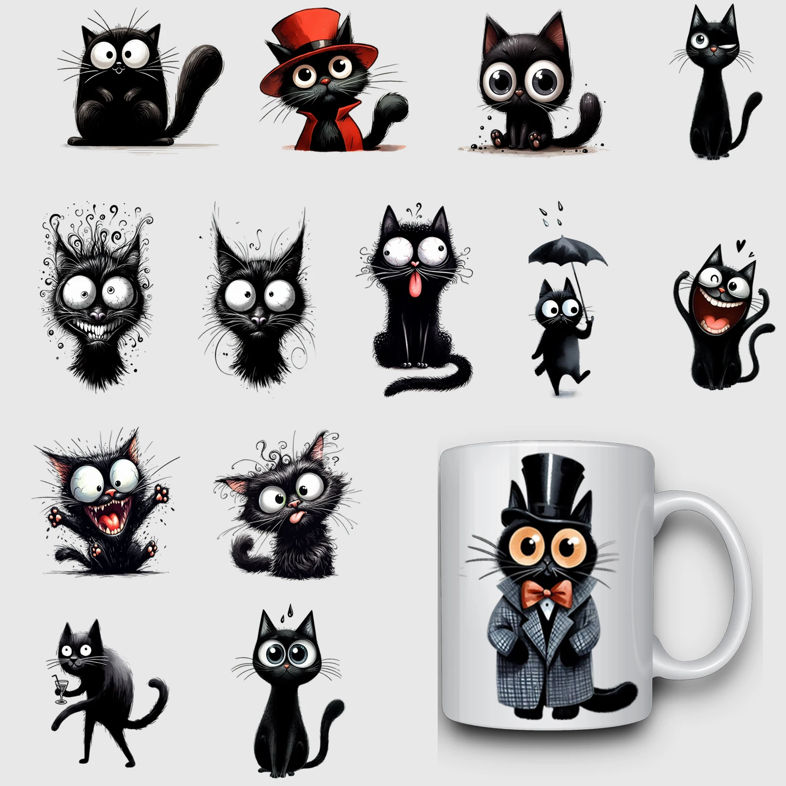 14pcs Funny Black Cat UV DTF Transfer Stickers, Mug Waterproof Stickers, Stickers, Suitable for DIY,Crafts For 16 oz glass