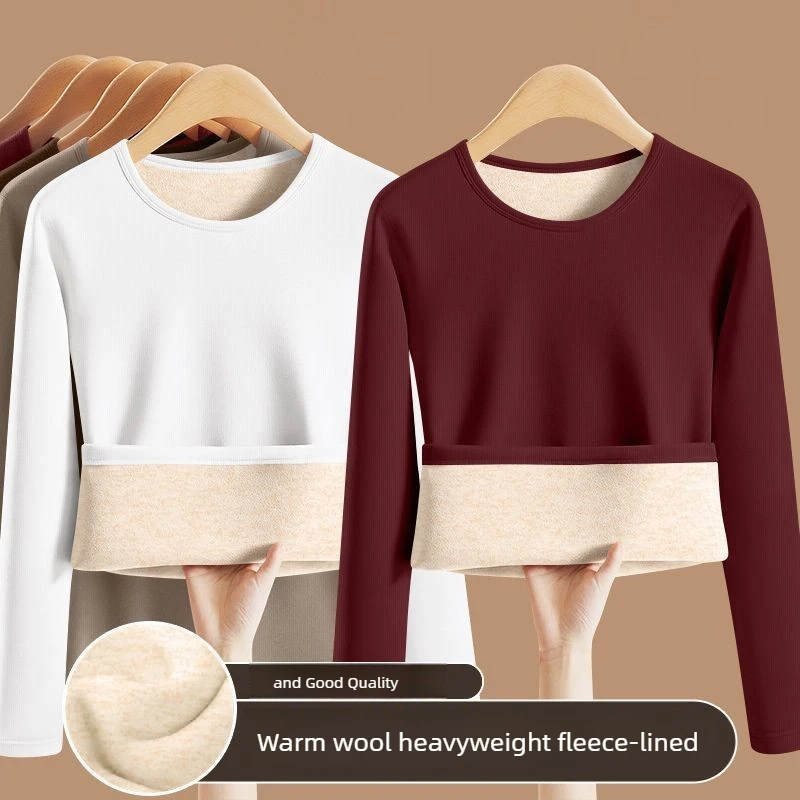 Autumn Winter Women's Warm Underwear Long Sleeve T-shirt Heat Storage High Quality Plush Thick Top New Round Neck Bottom Shirt