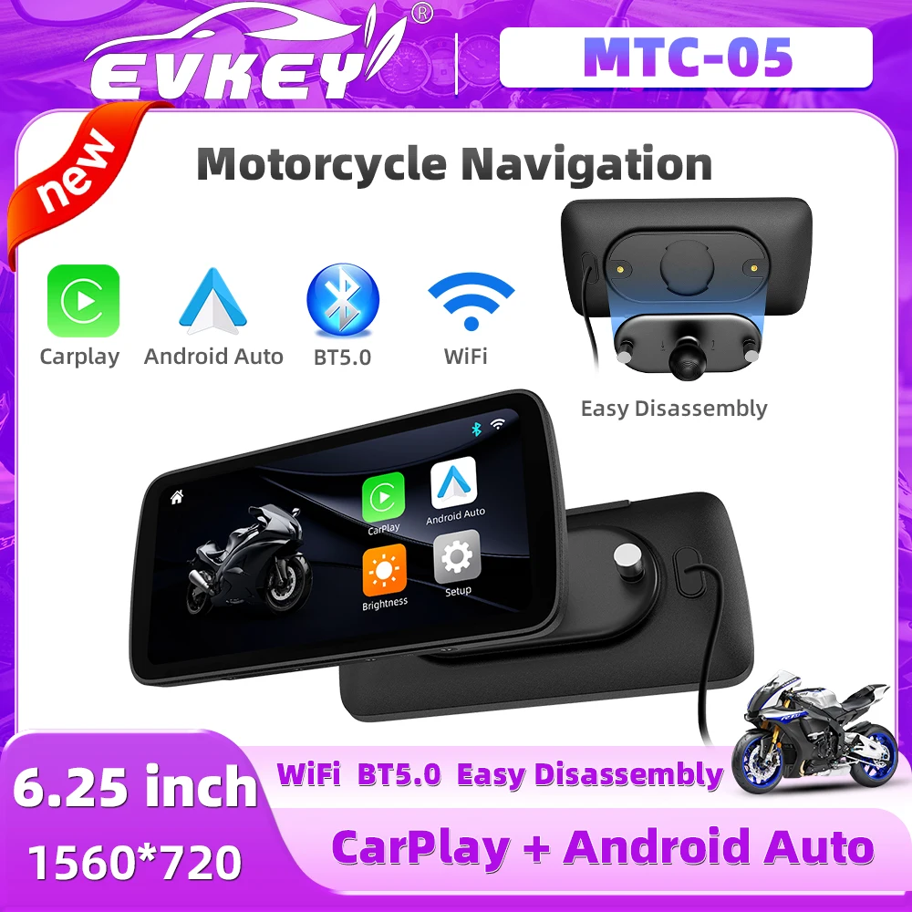 EVKEY Motorcycle GPS 6.25 inch WiFi MOTO Navigation Accessories Waterproof Carplay Display Screen Portable Android Auto